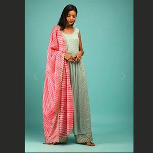Ice Blue Palazzo Suit With Sequins Embroidery And Fuchsia Lehariya Dupatta